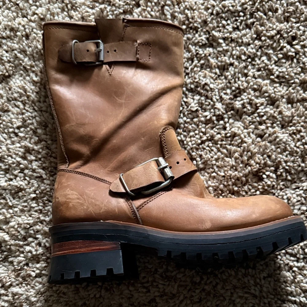 Tan Leather Combat Boots with Buckle Detail - Picture 1 of 3